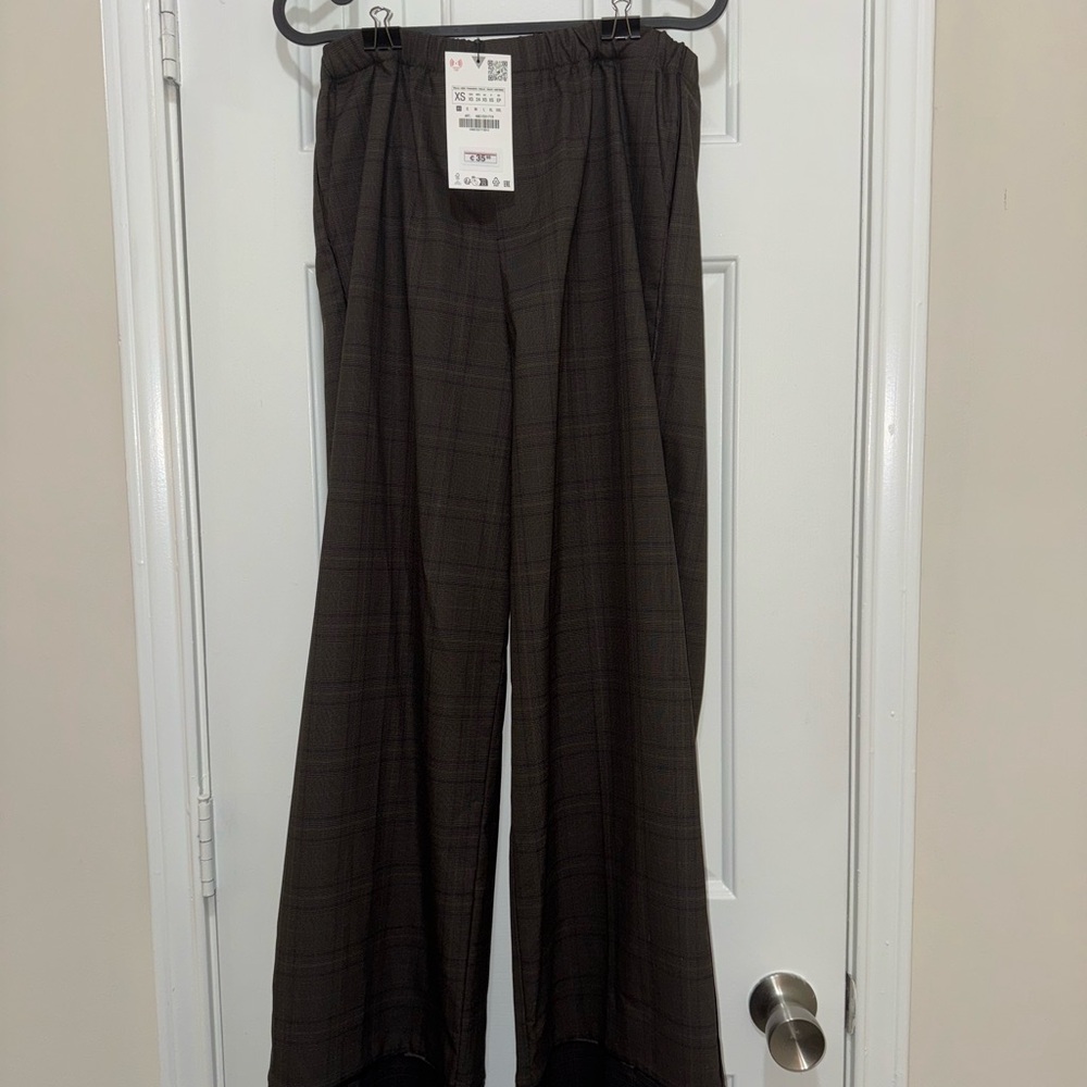 Zara Brown Plaid Wide-Leg Pants